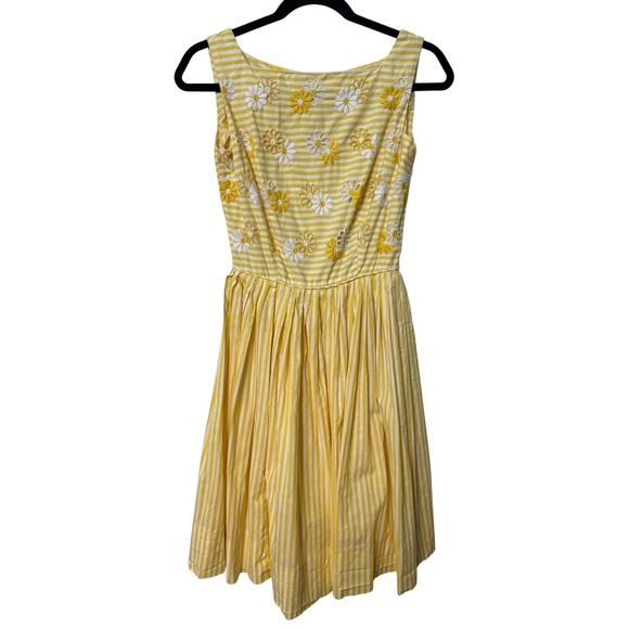 Jack Posluns Dresses & Skirts - Vintage Jack Posluns Yellow Striped Daisy Eyelet Fit & Flare Dress 1960s ILGWU